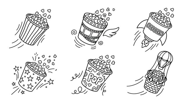 Flying Popcorn Box Collection with Cinema Snacks Movie Night and Entertainment Concept