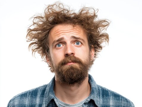 Man with Messy Hair and Beard: A confused or surprised man with unkempt, wild curly hair and a full beard looks up with wide, uncertain eyes, possibly after waking up or experiencing a shock.
