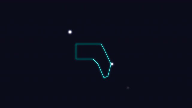 Florida state map outline is displayed as a glowing cyan geometric shape on a dark navy background with bright star-like points. Alpha channel. PNG file