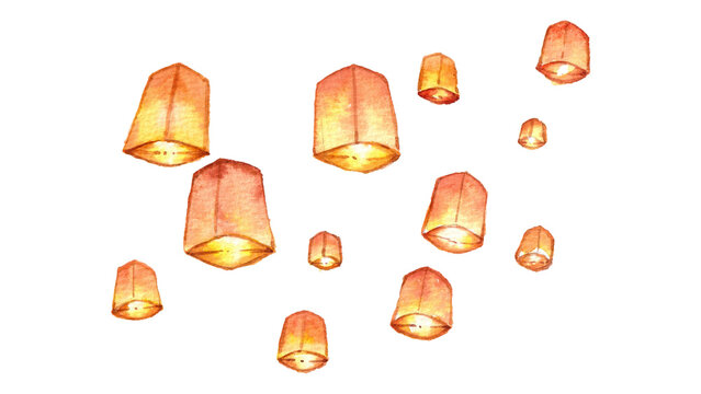 Watercolor flying sky paper lanterns isolated on transparent background