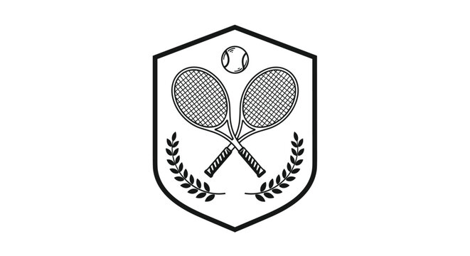 Sports logo design featuring two crossed tennis rackets and a ball framed by a classic laurel wreath on a shield.