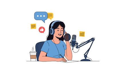 Fototapeta premium Podcaster recording audio content using professional microphone and headphones while taking notes in creative digital studio setting.