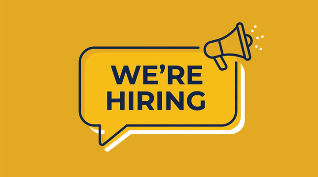 Flat vector illustration featuring a bold yellow speech bubble announcing that we are currently hiring