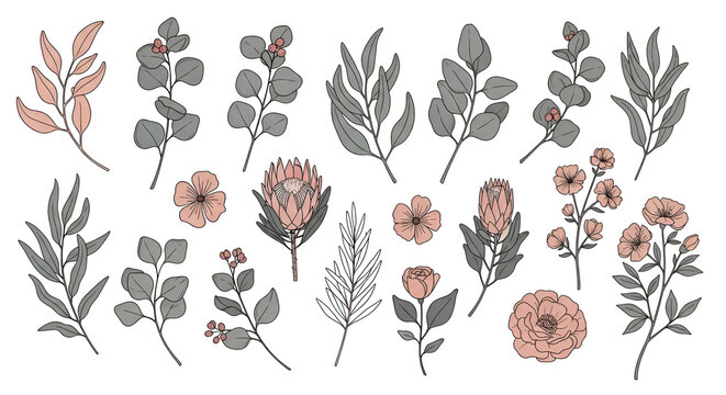 Hand-drawn botanical key elements set showcasing diverse leaves and elegant blooming flowers, a versatile collection for digital design, wedding invitations, and natural-themed projects
