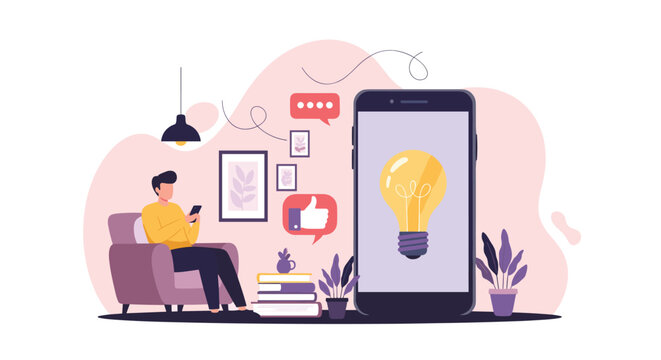 Creative man relaxing on armchair while searching for inspiration and new ideas using mobile phone and digital lightbulb visualization.