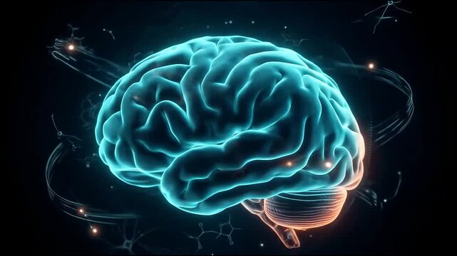 Glowing orange and blue human brain with digital nodes.
