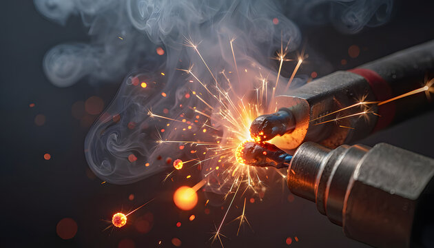 Close up of an electrical short circuit with intense fire sparks and swirling smoke from metallic wire terminals, representing engineering hazard, power failure, and electrical safety risk.