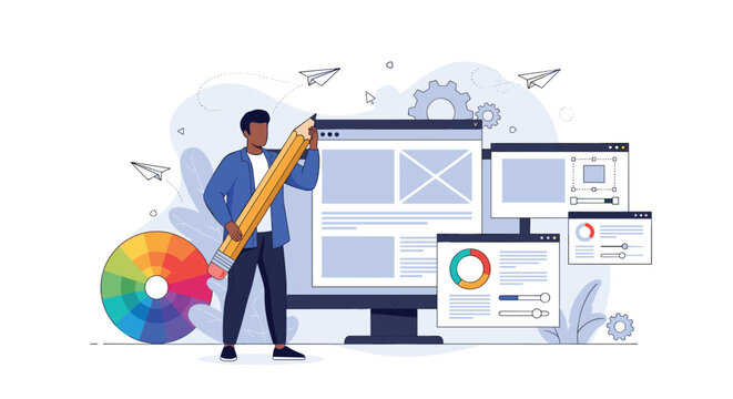 Creative graphic designer uses a giant pencil and color wheel to develop website layouts on a large desktop monitor.