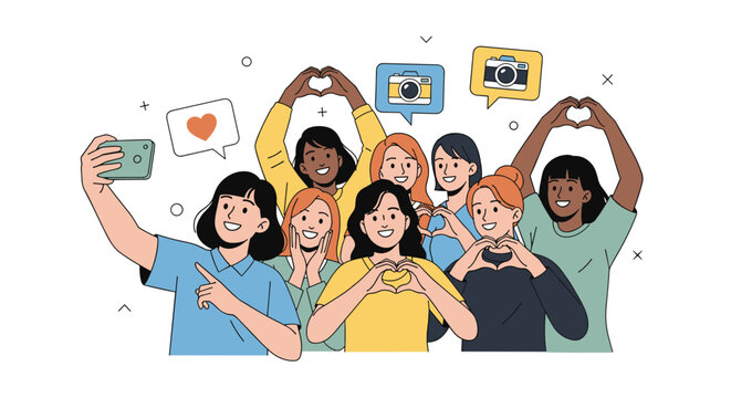 Diverse group of happy young people taking group selfie with smartphone while making heart hand gestures for friendship and love.