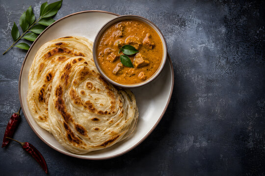 Sri Lankan Parotta with Spicy Gravy on Plate in Copy Space Background