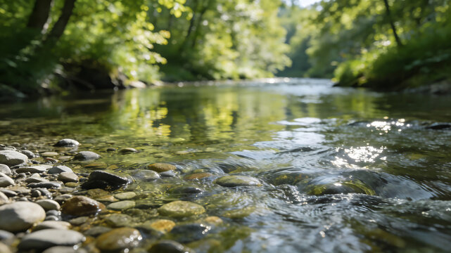 Clear shallow stream with smooth pebbles and green forest background