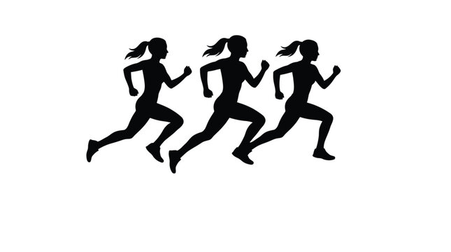 Dynamic black vector illustration graphic of three female athletes running in unison with speed