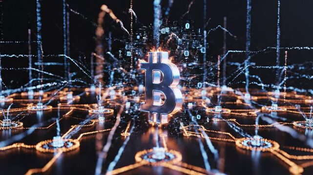 Bitcoin cryptocurrency digital network animation with glowing data connections and cyber security technology