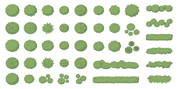 Set of green tree top view icons and various hedge shapes for architectural design and landscape planning