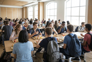 Fototapeta premium High school students sitting at tables, talking and eating lunch together in a bright, modern school cafeteria during their break.