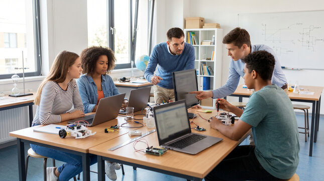 Diverse high school students collaborating with their teacher on robotics and coding projects in a modern STEM education classroom.