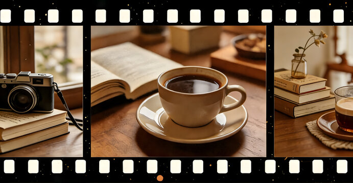 White ceramic coffee cup with dark liquid on wooden table beside open book and vintage camera