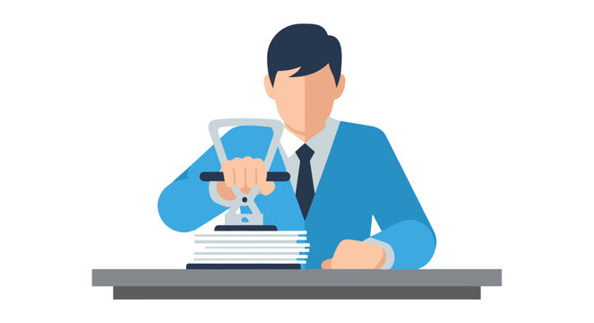 Businessman stamping documents at office desk.