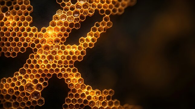 Golden honeycomb structure with dripping liquid honey on black background