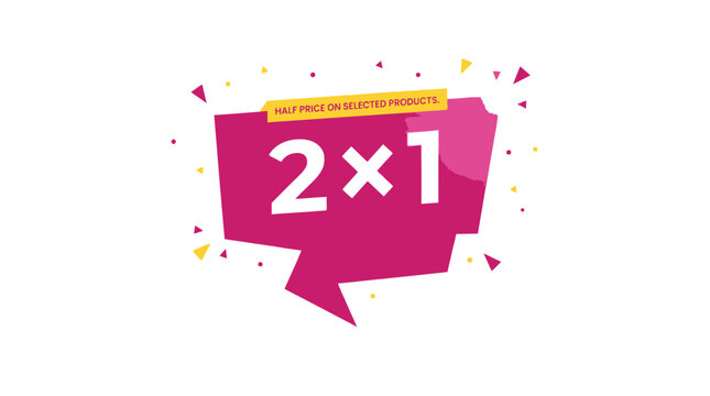 Dynamic graphic illustration of a vibrant 2x1 sale offer with festive confetti elements