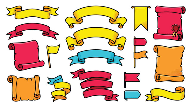Collection of colorful cartoon ribbons banners and vintage scrolls with halftone textures on white background