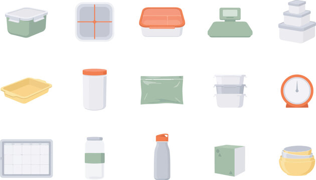 Kitchen food storage containers and organizers including lunch boxes jars bags and scales for meal preparation