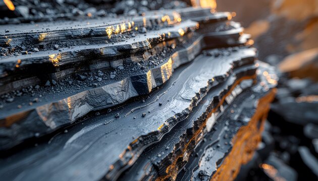 Close-up of layered raw black coal and rare mineral strata with shiny metallic reflections, representing geological formations, natural energy resources, and industrial mining.