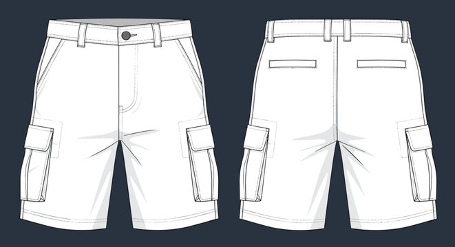 Technical clothing sketch of white cargo shorts for men shown from front and back views with multiple utility pockets and belt loops.