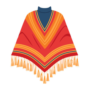 Colorful traditional poncho with fringe and geometric pattern