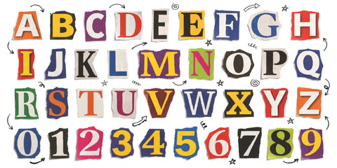 Alphabet and numbers set made from colorful magazine paper cut out letters arranged in a ransom note style © ZenVectors