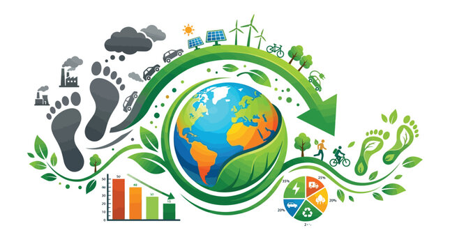Colorful infographic showing global environmental sustainability concepts with green earth icons and carbon footprint reduction data