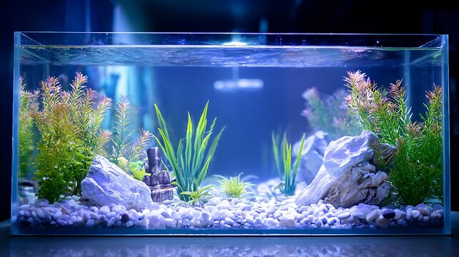 Beautiful freshwater aquarium with lush green plants and decorative rocks.
