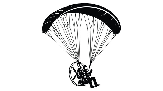 A black and white vector illustration of a person paragliding with a motor attached to their harness