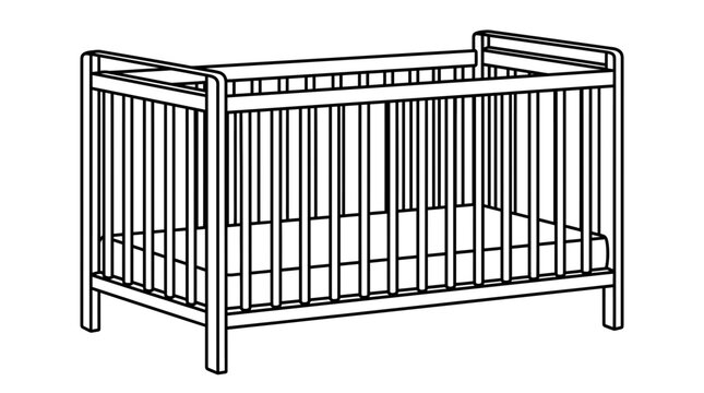 Empty wooden baby crib, nursery furniture, infant bed, sleep, safety, clean line art illustration