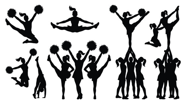 Dynamic vector illustration graphic of cheerleaders performing athletic poses with pom-poms