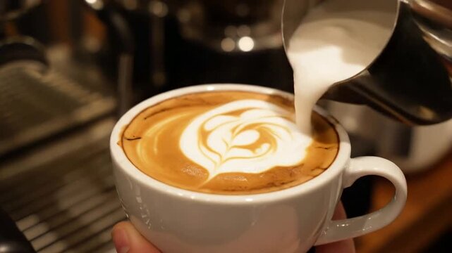 Barista pouring latte into fresh espresso coffee cup latte espresso milk