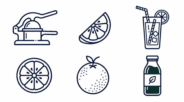 Orange juice production line icons set including citrus fruit squeezer glass and bottle.