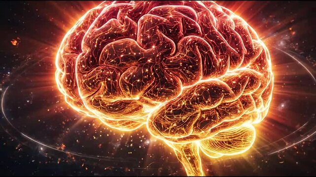 Glowing orange brain with golden light particles and sparks.