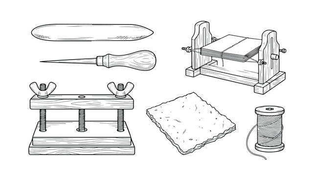 Bookbinding Tools and Supplies Set Vector Illustration