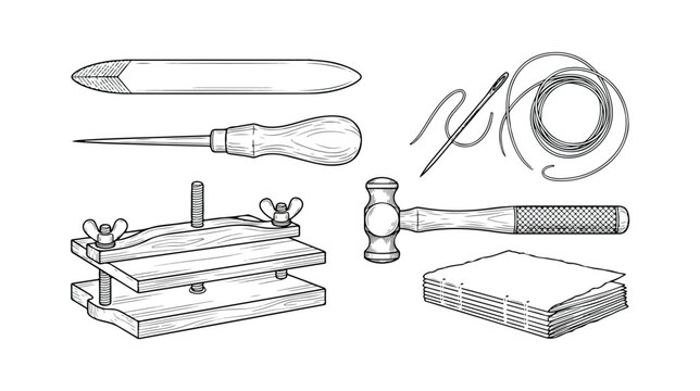 Bookbinding Tools and Supplies Sketch Illustration Set Vector