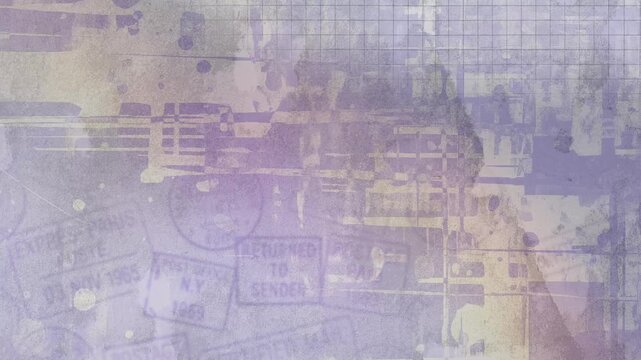 A bright abstract heterogeneous retro-style background with traces of blurred paint and hatching of a school notebook with postmarks and inscriptions, looped animated texture.