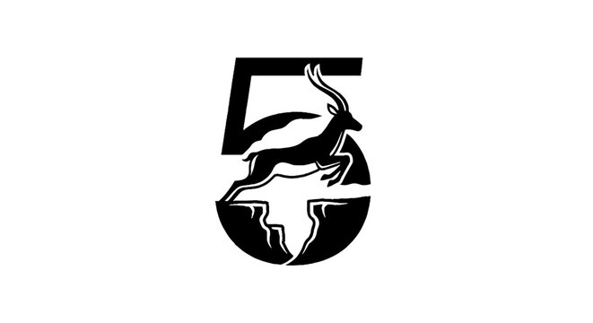 Black and white logo with number five and antelope silhouette.