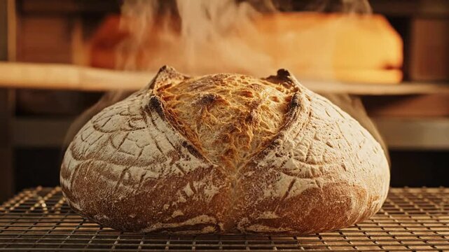 Freshly baked sourdough bread loaf steaming on cooling rack in artisan bakery baking