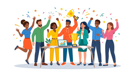 Fototapeta premium Diverse Team Celebrating Success with Trophies and Confetti