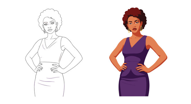 Confident African American woman in stylish purple dress stands with hands on hips beside a matching line art illustration.