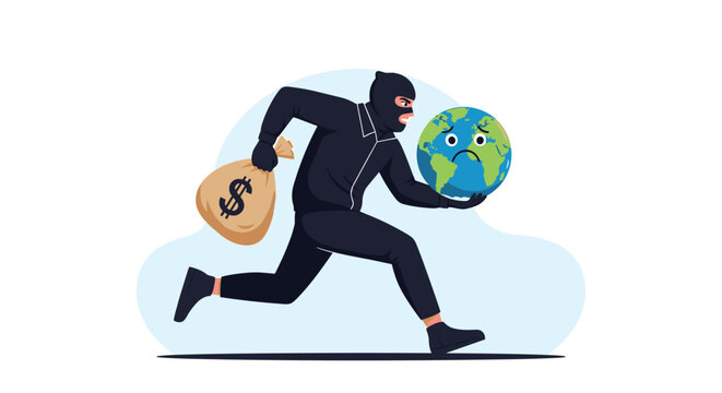 Villainous thief in a black outfit runs quickly while carrying a large money bag and holding a sad cartoon version of planet earth.