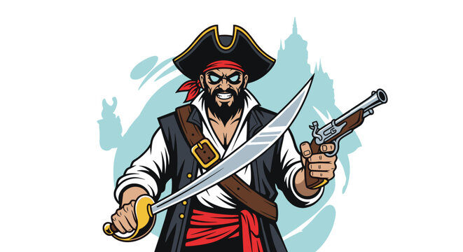 Intimidating pirate captain with glowing blue eyes and a long black beard brandishes a cutlass and a flintlock pistol in a heroic pose.