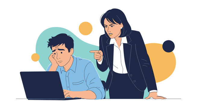 Professional businesswoman in a suit points angrily at a stressed male employee working on a laptop during a difficult meeting.