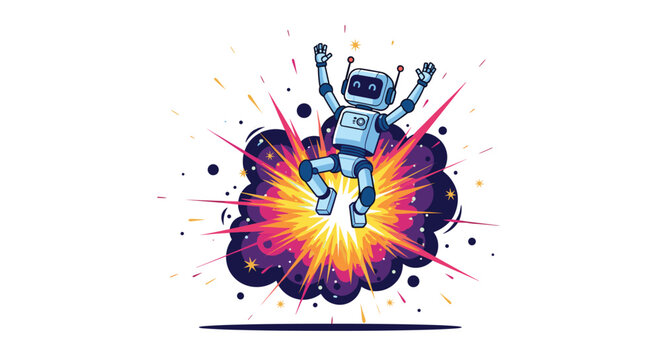 Small white robot jumps joyfully inside a huge colorful explosion with sparks and stars on a white background.