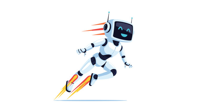 Small white robot with a digital face flies through the air using orange jet flames coming out of its feet on a white background.
